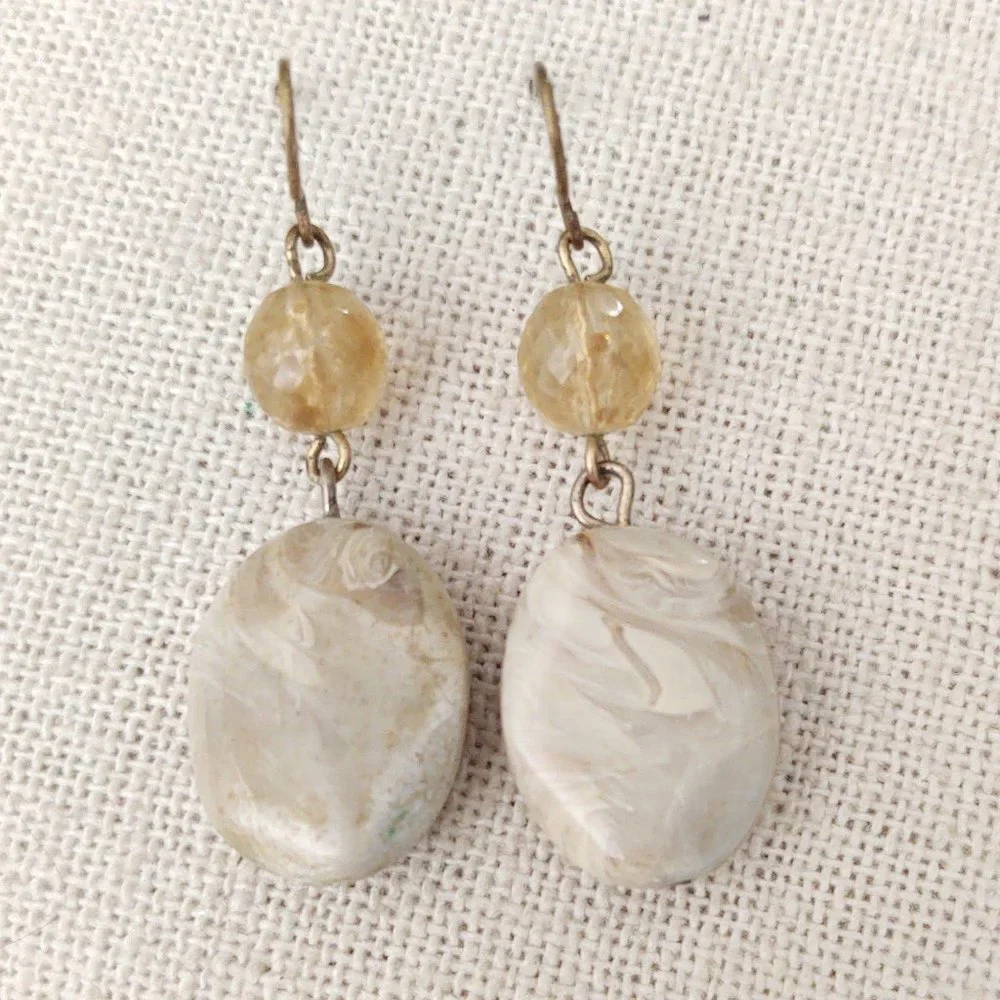 Faux natural toned stone and pale beige bead earrings